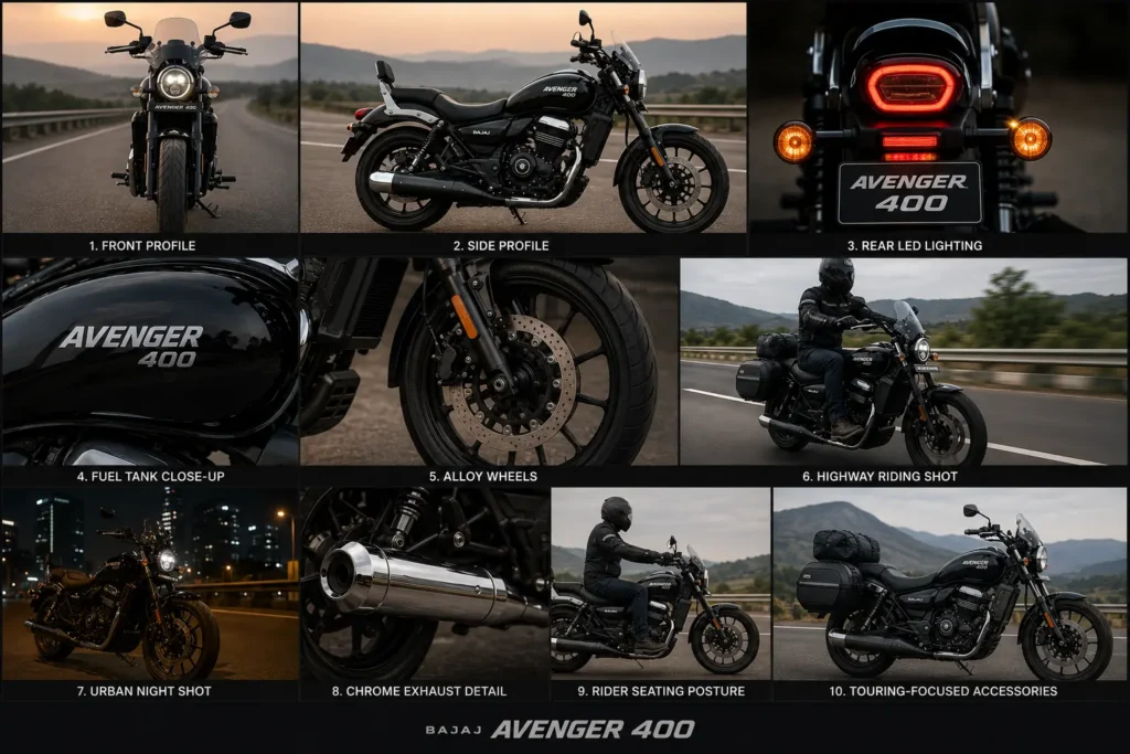 Bajaj Avenger 400 image gallery showing design, features, and highway touring visuals
