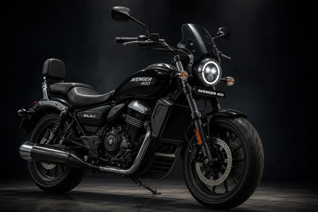 Front three-quarter view of Bajaj Avenger 400 cruiser bike design