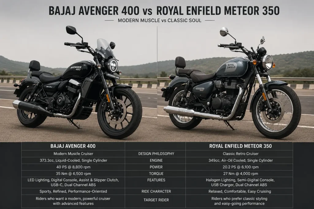 Bajaj Avenger 400 vs Royal Enfield Meteor 350 cruiser bike comparison