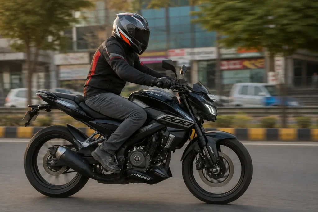 Side profile of Bajaj Pulsar NS200 showing sporty body design