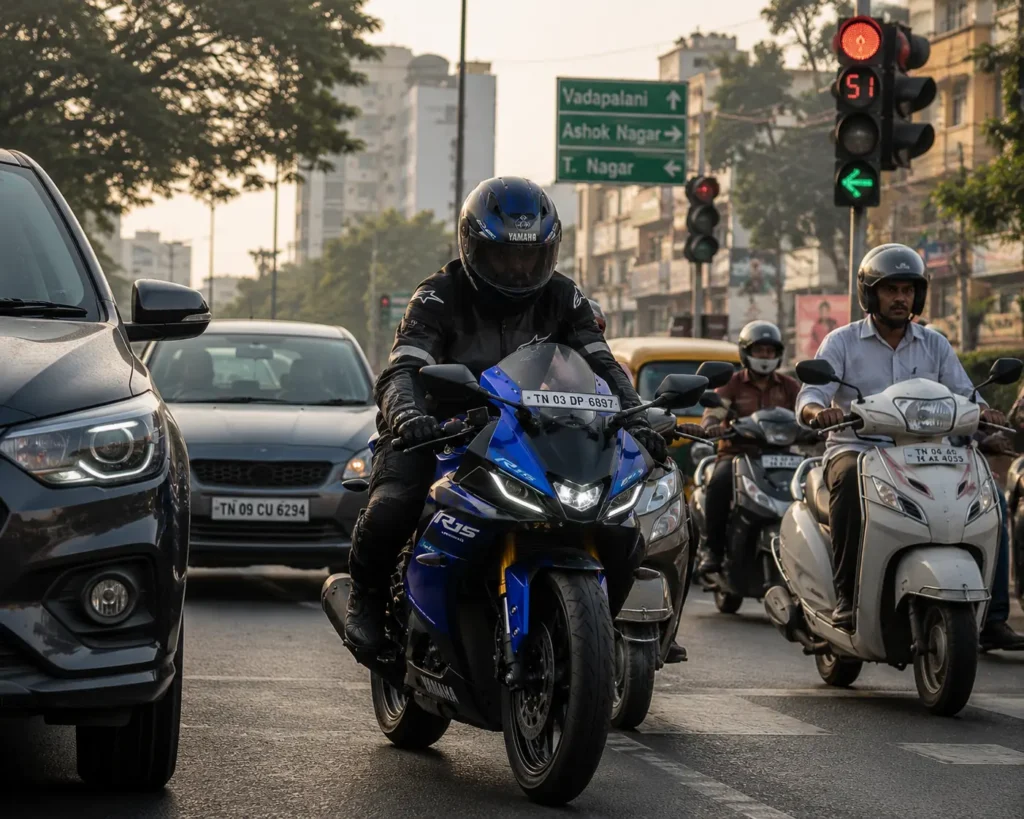Yamaha R15 used in Indian city traffic showing real-world daily commuting