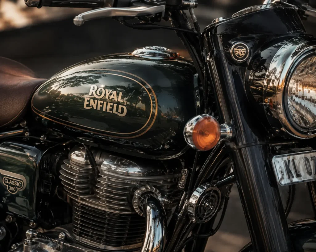 Close-up design details of Royal Enfield Classic 350 fuel tank and headlamp