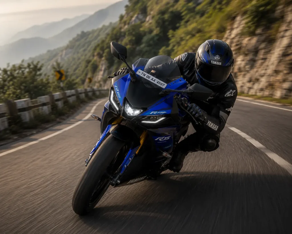 Yamaha R15 cornering on winding road showing handling and stability