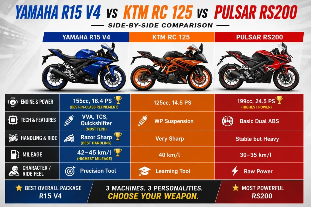 Side-by-side infographic comparing Yamaha R15 V4, KTM RC 125, and Pulsar RS200 including engine, tech, handling, mileage, and ride character.