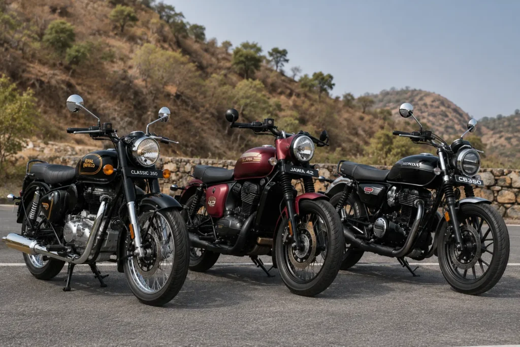 Royal Enfield Classic 350 compared with Jawa 42 and Honda Hness CB350