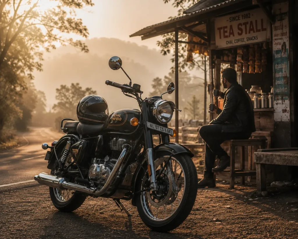 Royal Enfield Classic 350 during a peaceful morning road trip stop