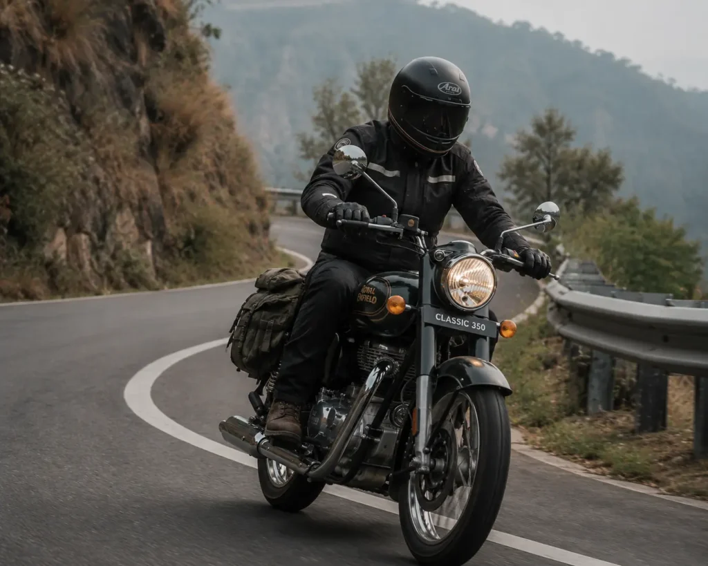 Royal Enfield Classic 350 performing on a mountain highway ride