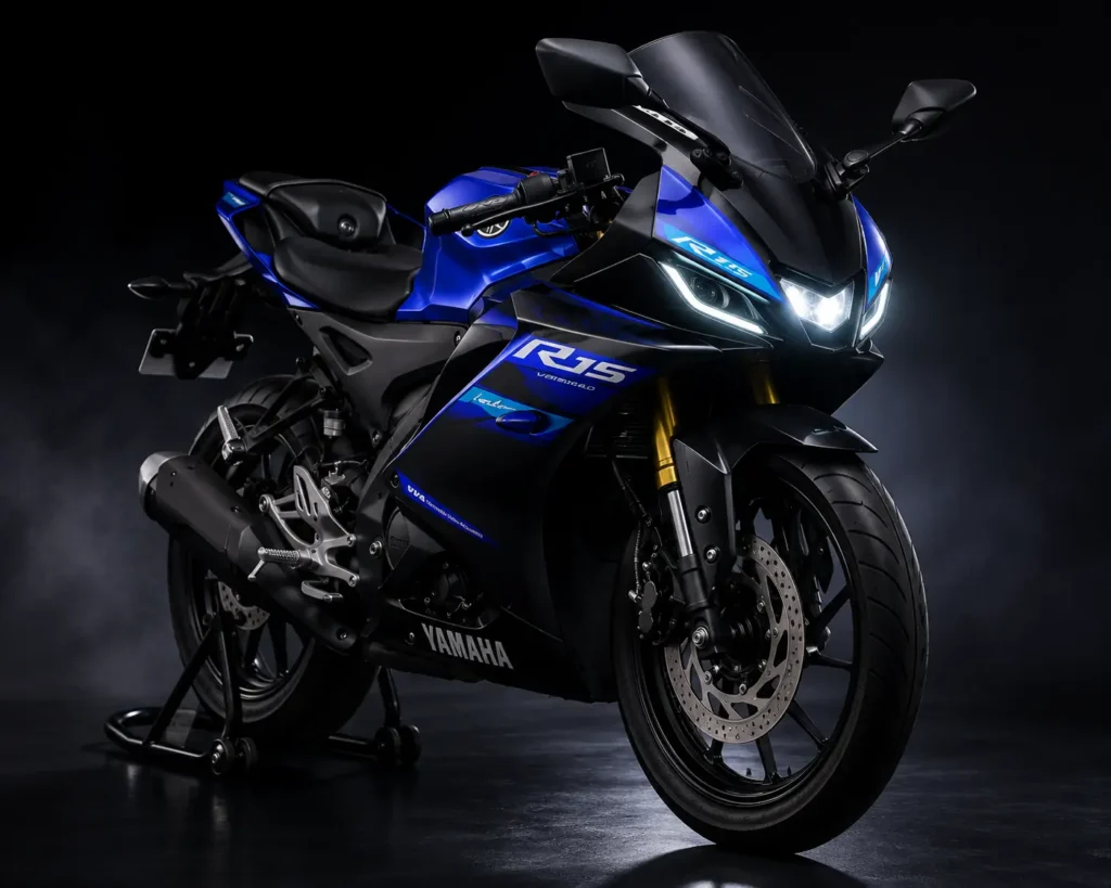 Yamaha R15 V4 front design close-up with aerodynamic fairing and LED lights