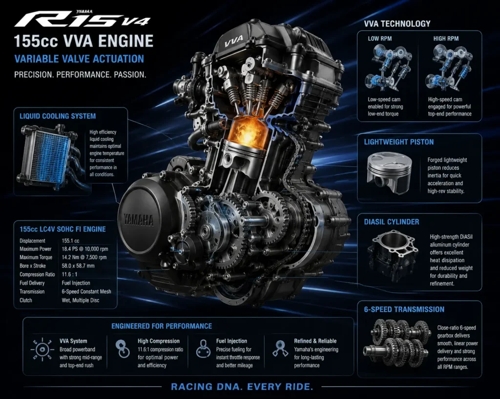 Yamaha R15 VVA engine showing performance-focused 155cc powertrain design