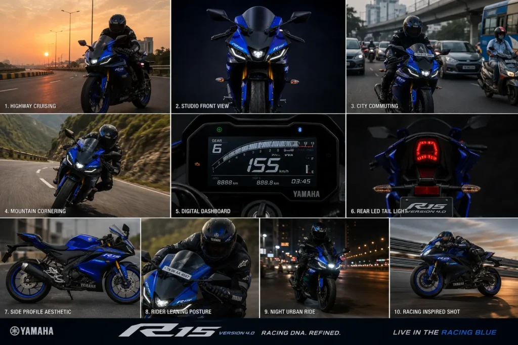 Yamaha R15 V4 image gallery showing design, performance, city riding, and highway action views