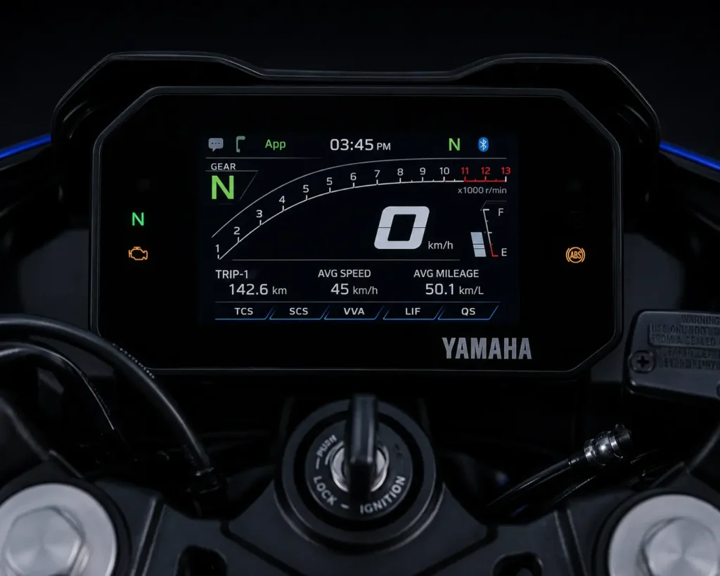Yamaha R15 digital instrument cluster with Bluetooth and riding information display