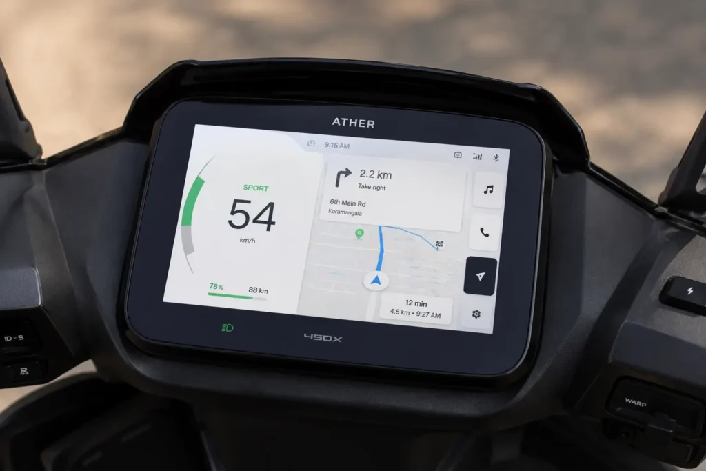 Ather 450X touchscreen dashboard with navigation and smart features