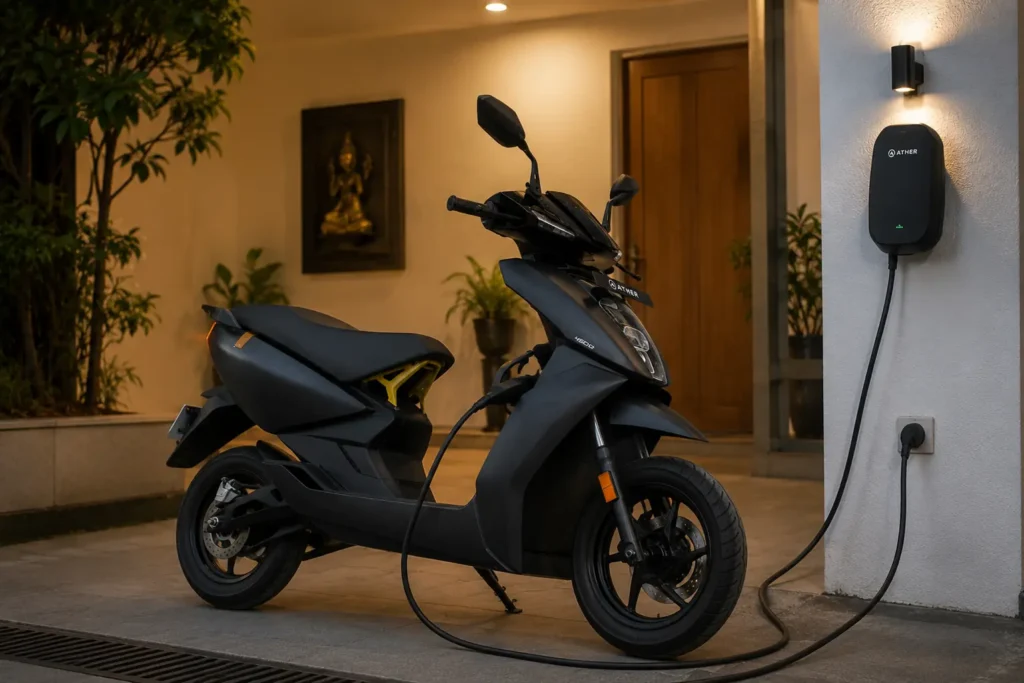Ather 450X charging at home using wall-mounted charger