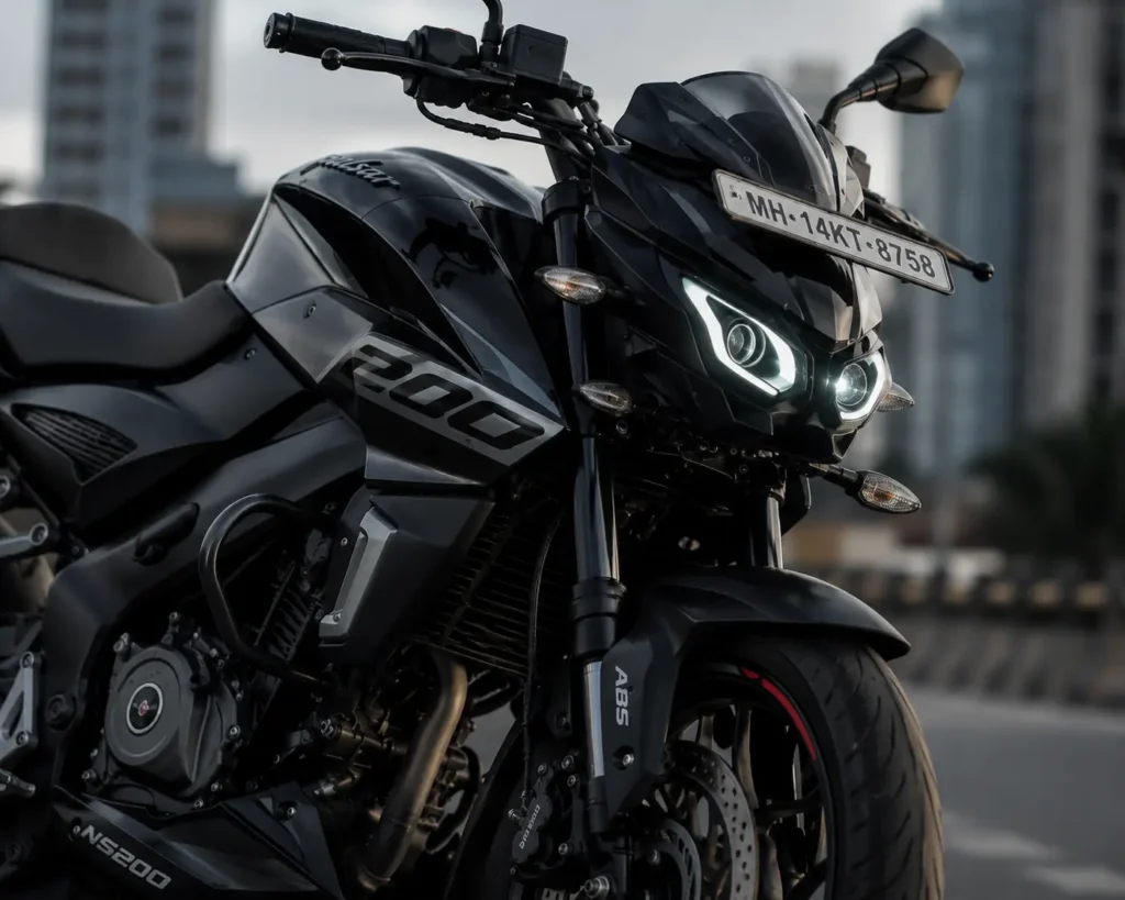 Front design of Bajaj Pulsar NS200 with twin projector headlamps