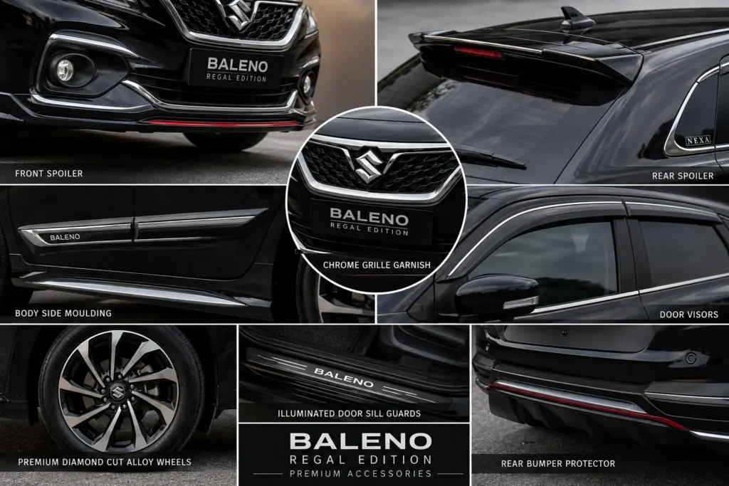 Baleno Regal Edition accessory package including spoilers and chrome garnish