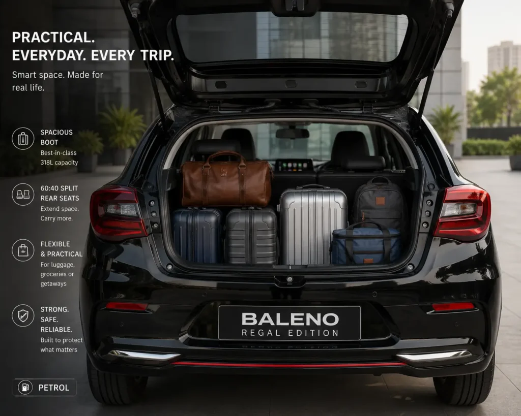 Baleno Regal Edition 318-litre boot space with luggage capacity demonstration