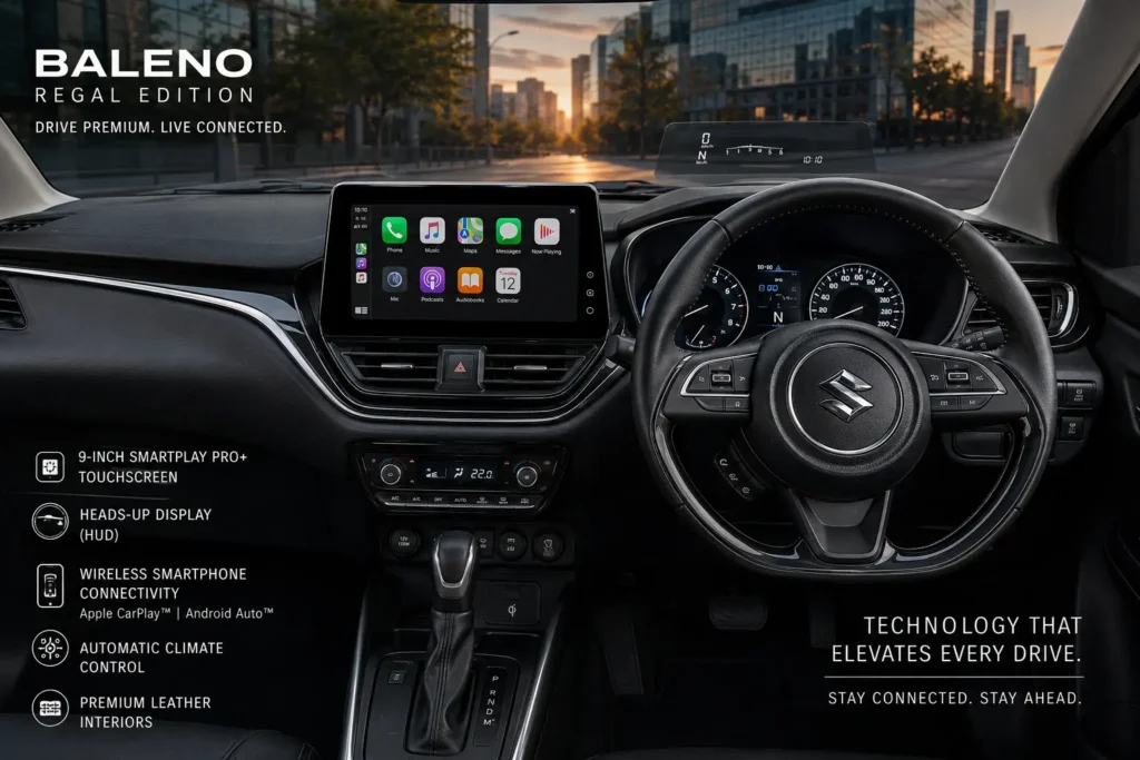 Maruti Suzuki Baleno Regal Edition interior with touchscreen and HUD