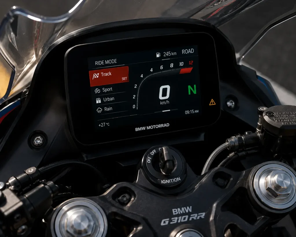 BMW G 310 RR TFT display with riding modes and digital cluster