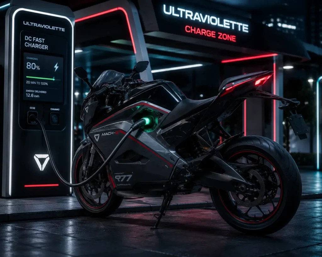 Ultraviolette F77 charging at a modern fast EV charging station