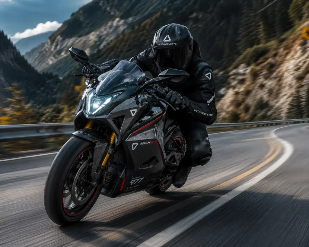 Ultraviolette F77 Mach 2 riding fast on a mountain road with aggressive lean