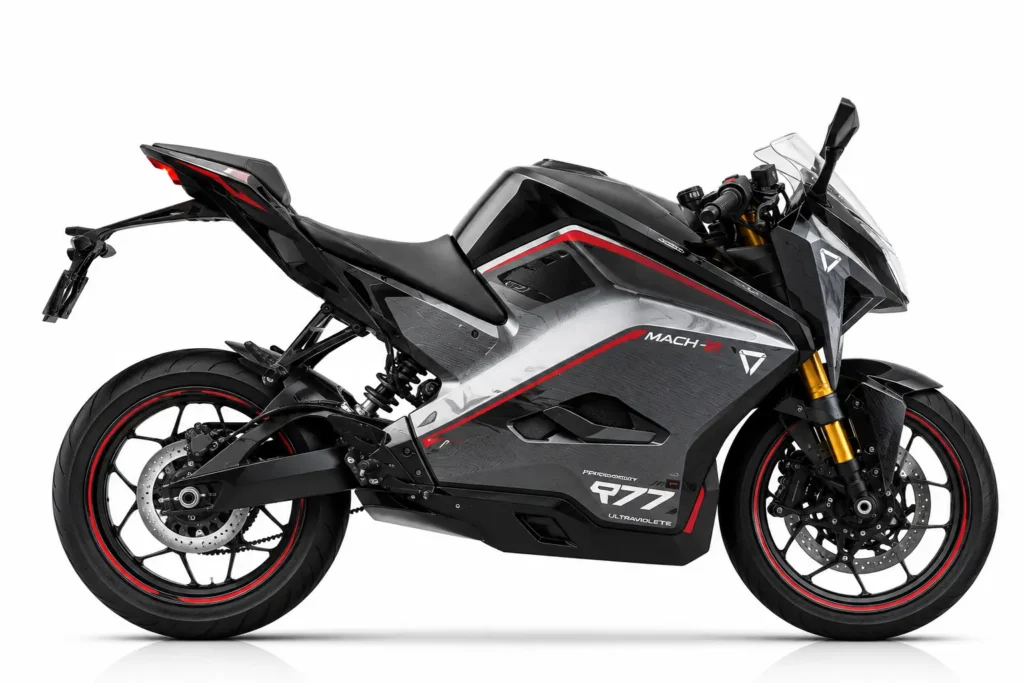 Side view of Ultraviolette F77 Mach 2 showing aerodynamic electric sports design