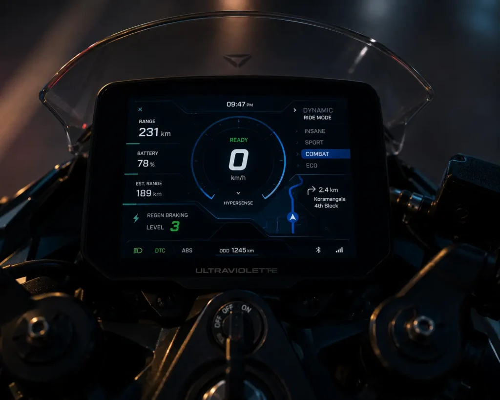 Ultraviolette F77 TFT display showing smart riding modes and navigation
