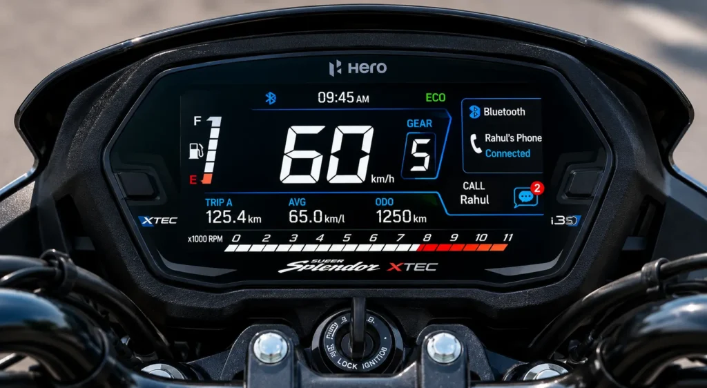 Hero Splendor 125 XTEC digital console with Bluetooth connectivity