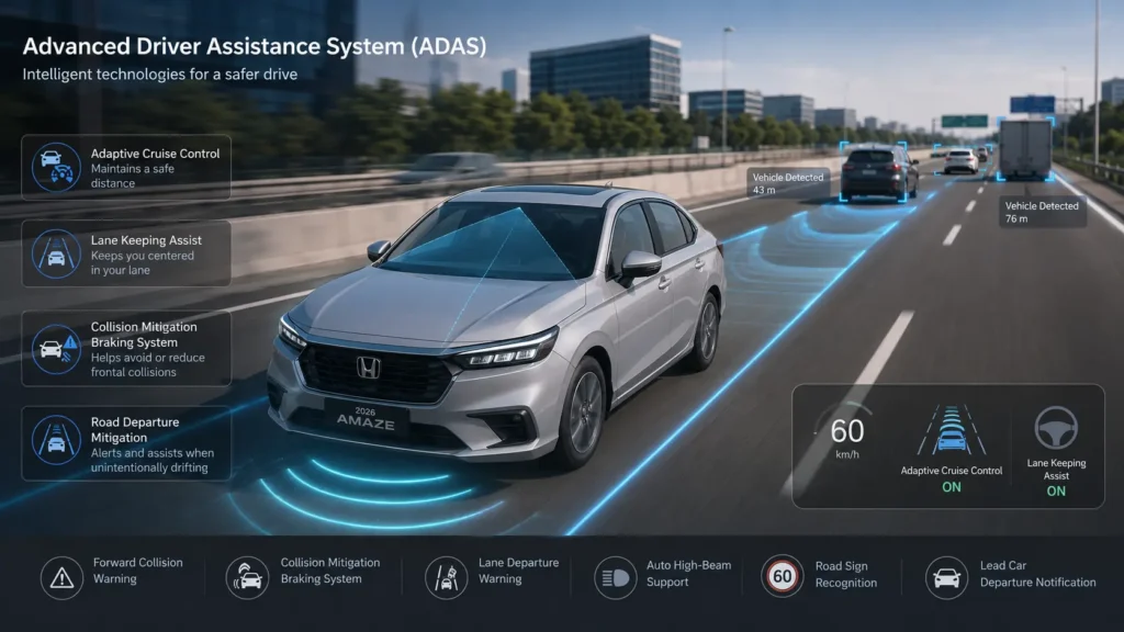 Honda Amaze Level 2 ADAS safety features visualization