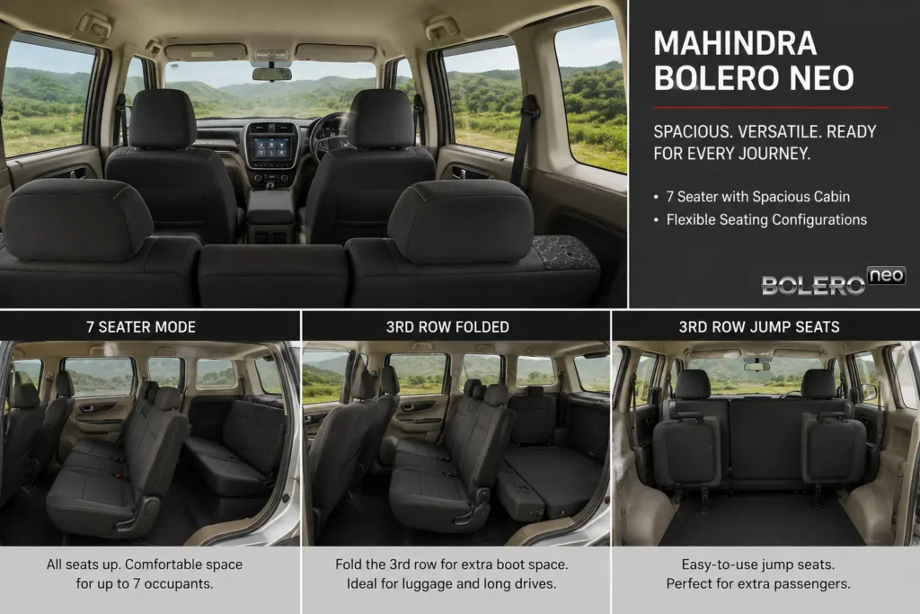 Mahindra Bolero Neo 7-seater cabin layout with third-row jump seats