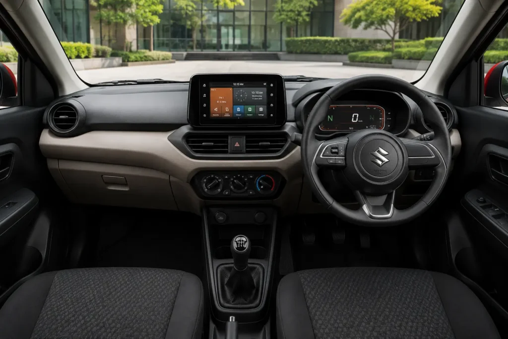 Maruti Suzuki Alto K10 2026 dashboard with touchscreen infotainment system and steering controls