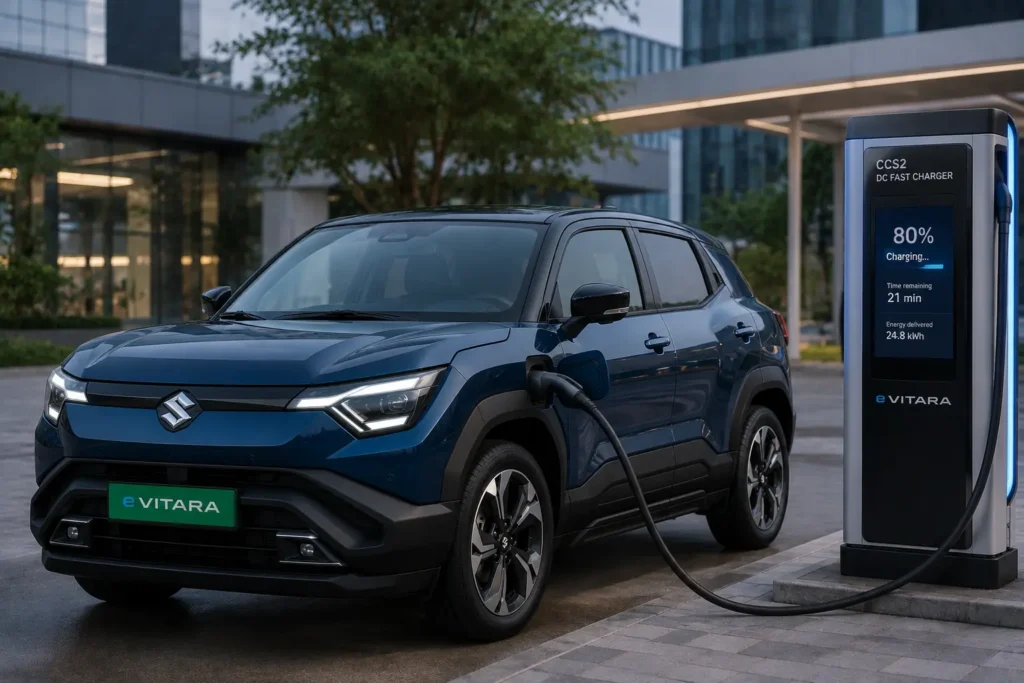 Maruti e Vitara fast charging at a public charging station
