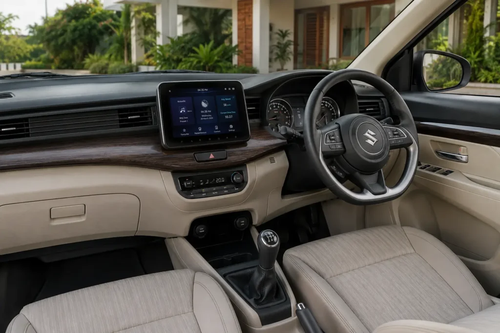 Ertiga dashboard and front cabin featuring the SmartPlay infotainment system and premium interior finish