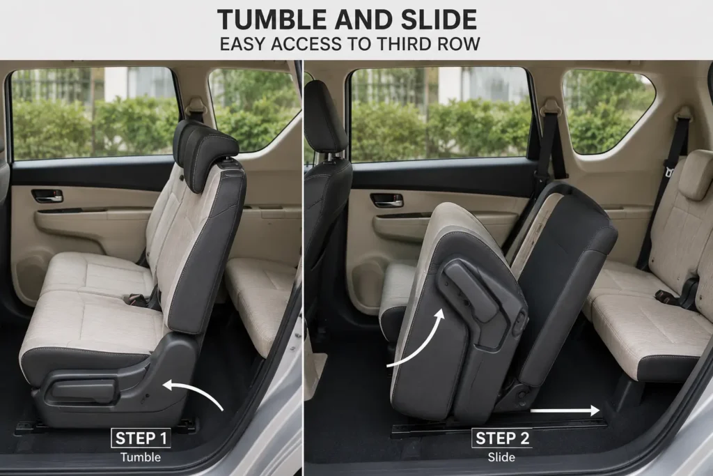 Ertiga second-row seats folded forward for easy third-row access