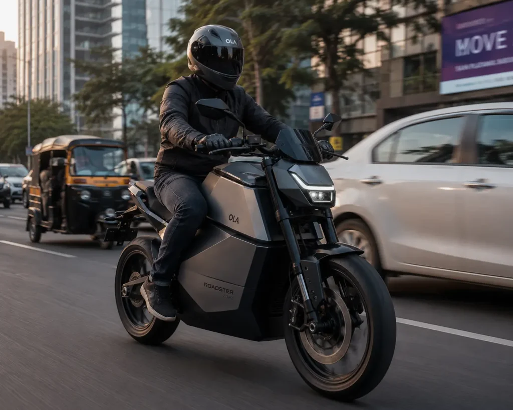 Ola Roadster electric motorcycle during real-world city commuting