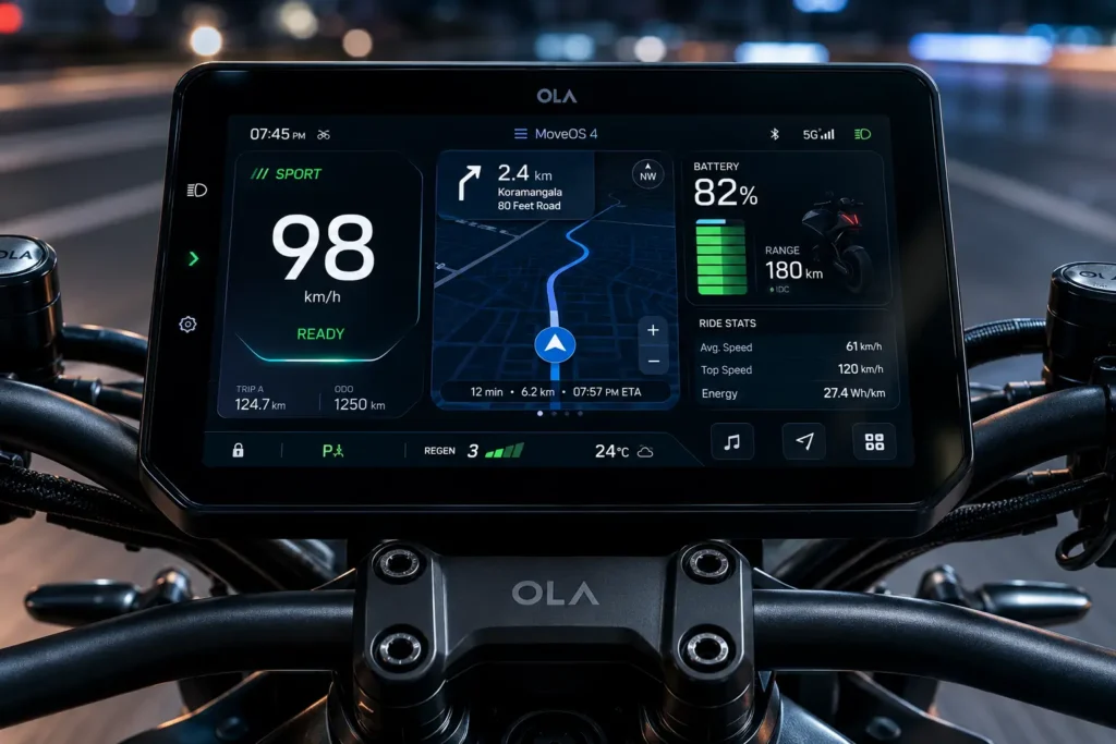 Ola Roadster MoveOS touchscreen dashboard and connected features