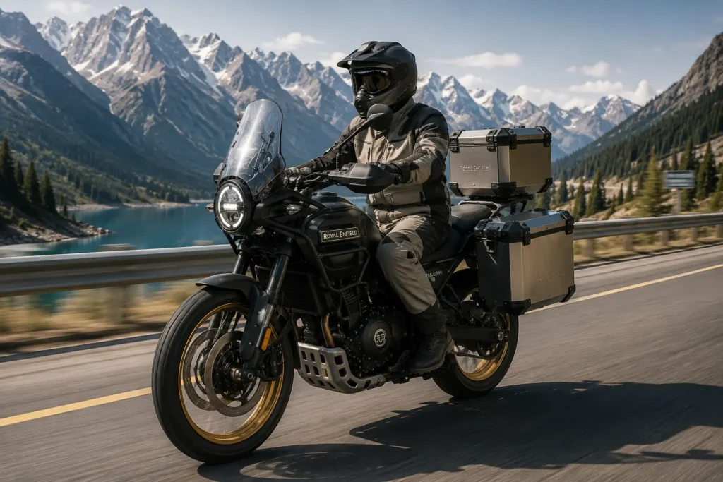 Royal Enfield Himalayan 750 touring on a highway with luggage mounted for long-distance travel.