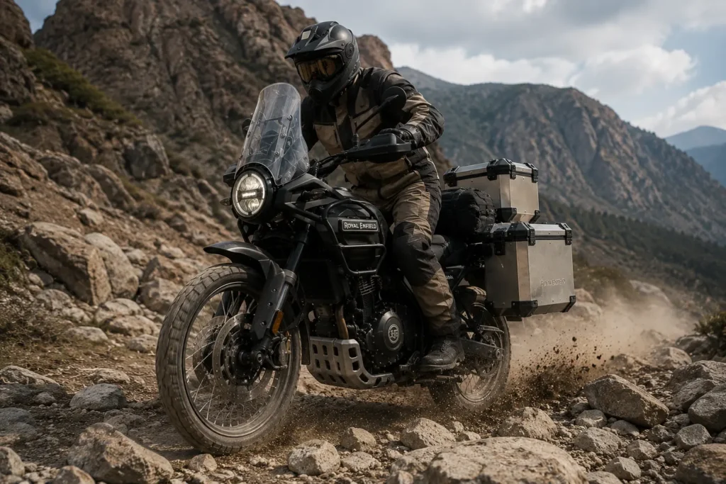 Royal Enfield Himalayan 750 navigating a rocky off-road trail with long-travel suspension.