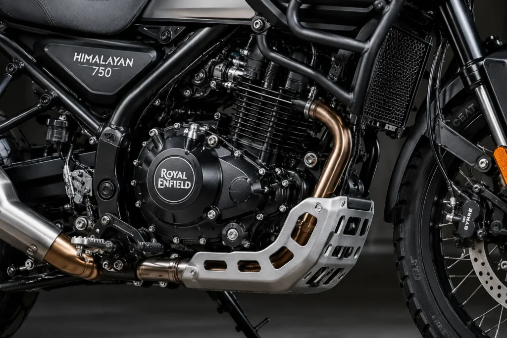Royal Enfield Himalayan 750 parallel-twin engine and chassis components in close detail.