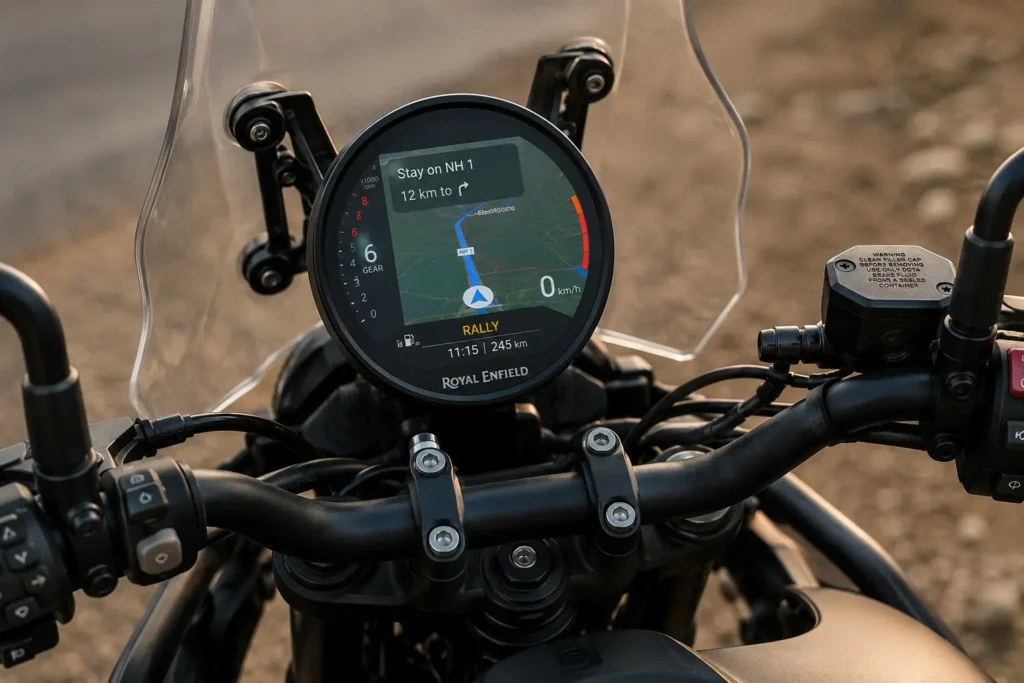 Royal Enfield Himalayan 750 TFT instrument console with navigation and ride mode display.
