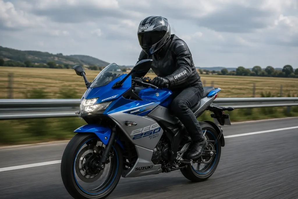 Suzuki Gixxer SF 250 cruising on a highway demonstrating sports touring comfort.