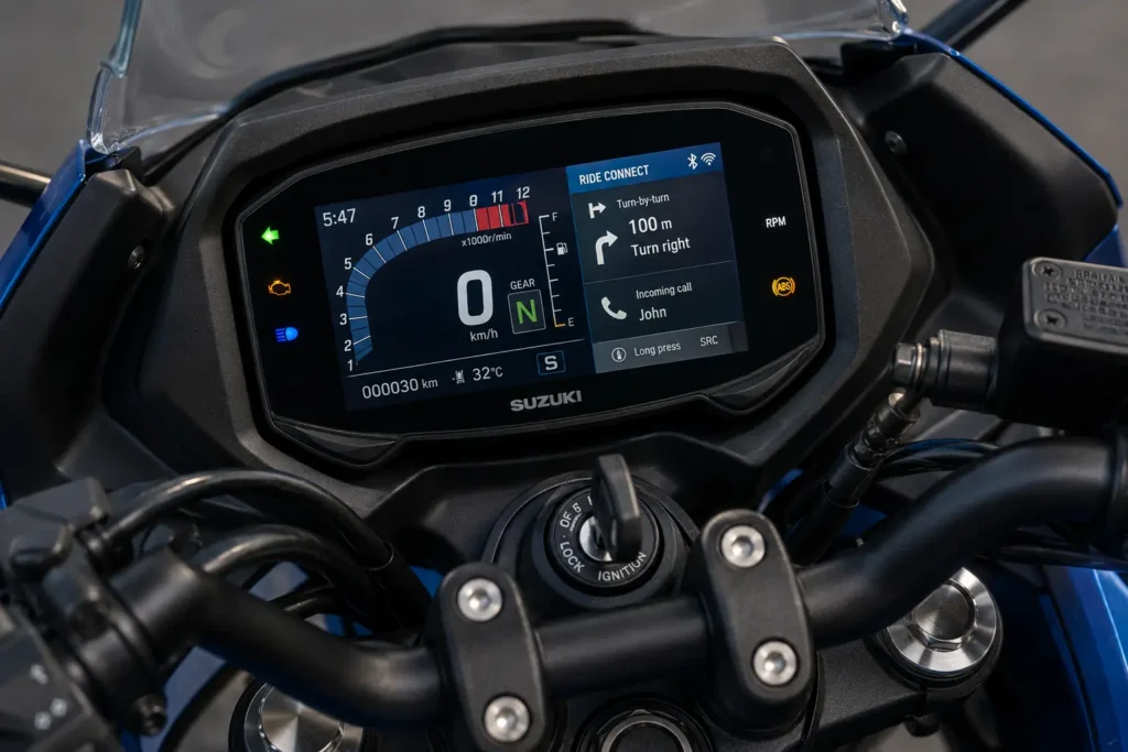 Suzuki Gixxer SF 250 digital instrument cluster with Ride Connect smartphone connectivity features.