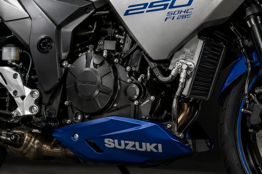 Suzuki Gixxer SF 250 249cc SOCS oil-cooled engine and chassis detail.