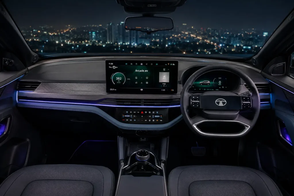 Tata Harrier EV dashboard with Neo QLED infotainment screen