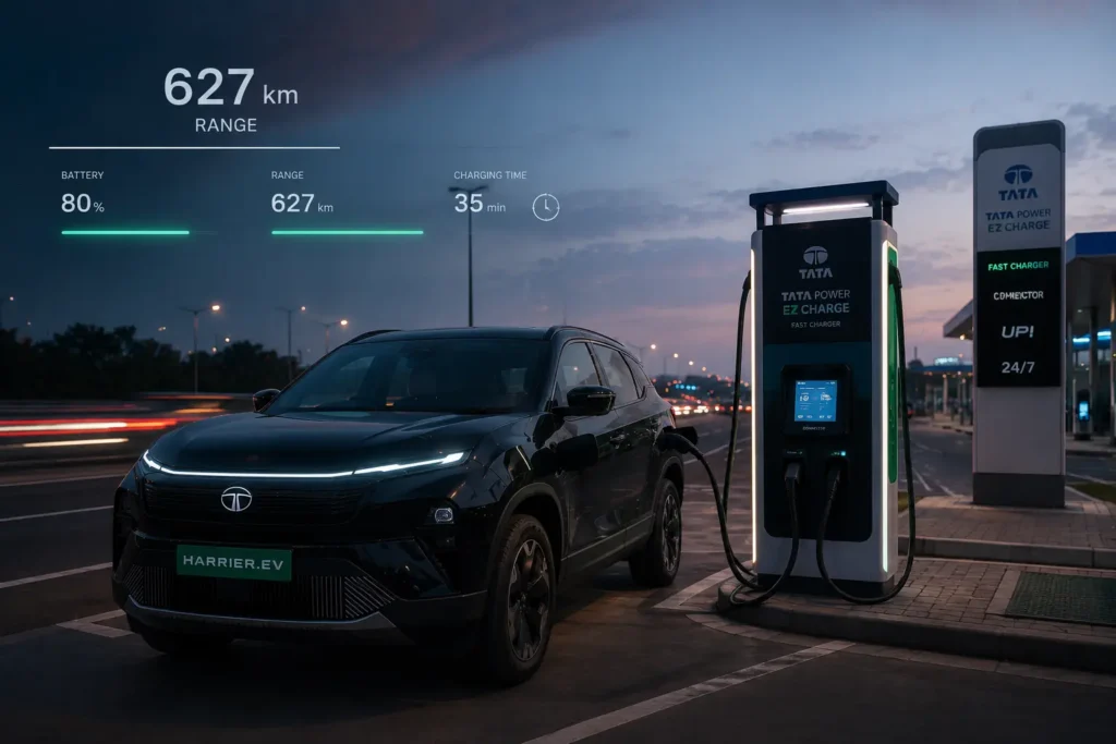 Tata Harrier EV fast charging and range illustration