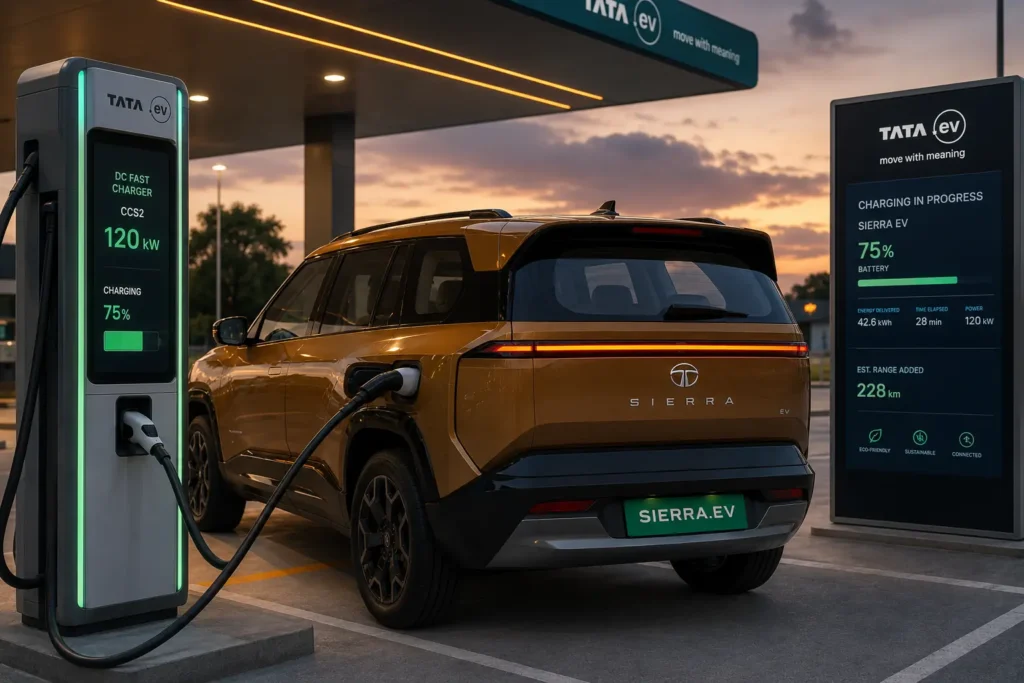 Tata Sierra EV fast charging at a public charging station