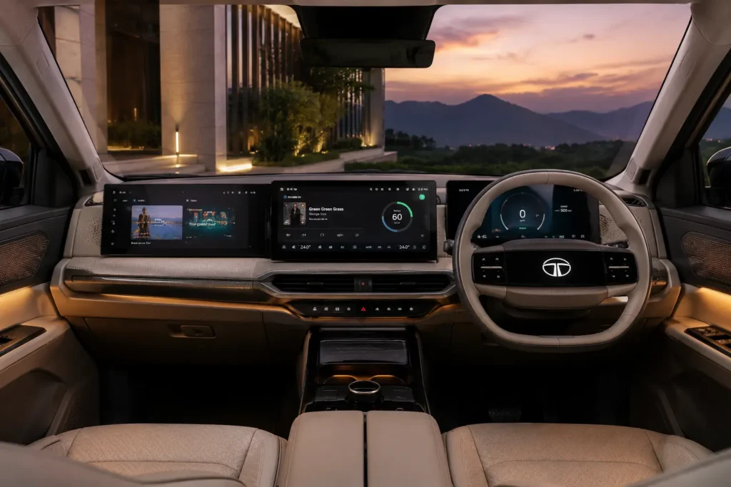 Triple-screen dashboard inside the Tata Sierra EV