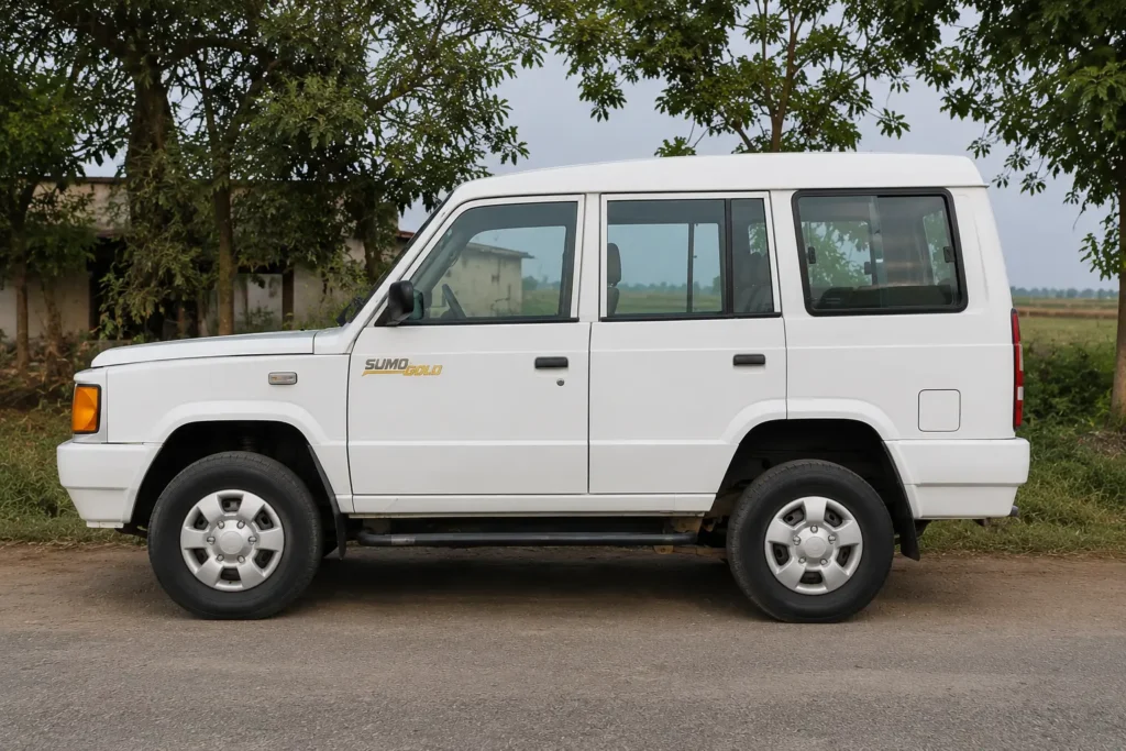 Side profile of the Tata Sumo highlighting its traditional utility-focused design