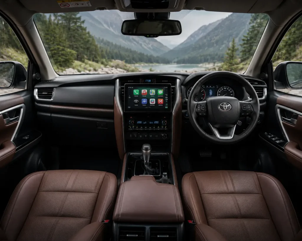 Toyota Fortuner interior with touchscreen infotainment and premium seating