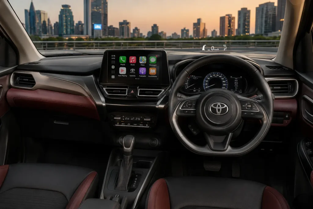 Toyota Taisor interior featuring a 9-inch touchscreen, heads-up display and dual-tone dashboard.
