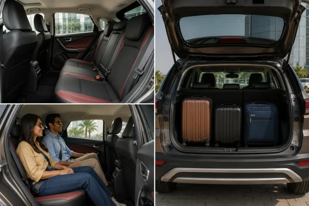 Toyota Taisor rear passenger space and 308-litre luggage compartment.